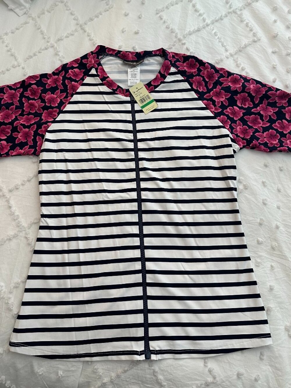 NWT Tommy Bahama Rash Guard Swim Top L Navy White Stripe Floral Zip UPF Beach